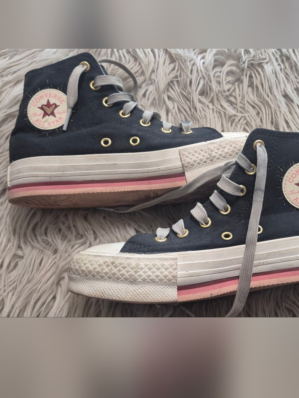 Converse High Top Sneakers - Black with Pink and Cream Stripes